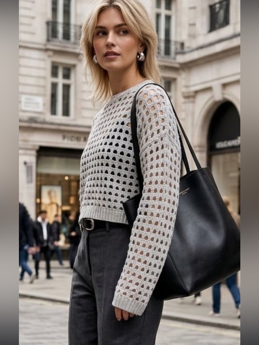 McCulleys Open Knit Cropped Sweater Grey BCI Cotton Mesh Net Pullover XS
